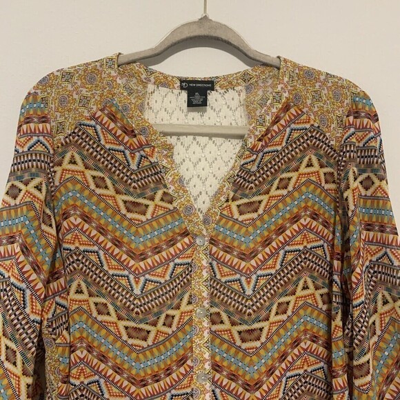 New Directions Womens Size XL Multicolor Boho Print Sheer Button Up Shirt Blouse - Picture 2 of 5